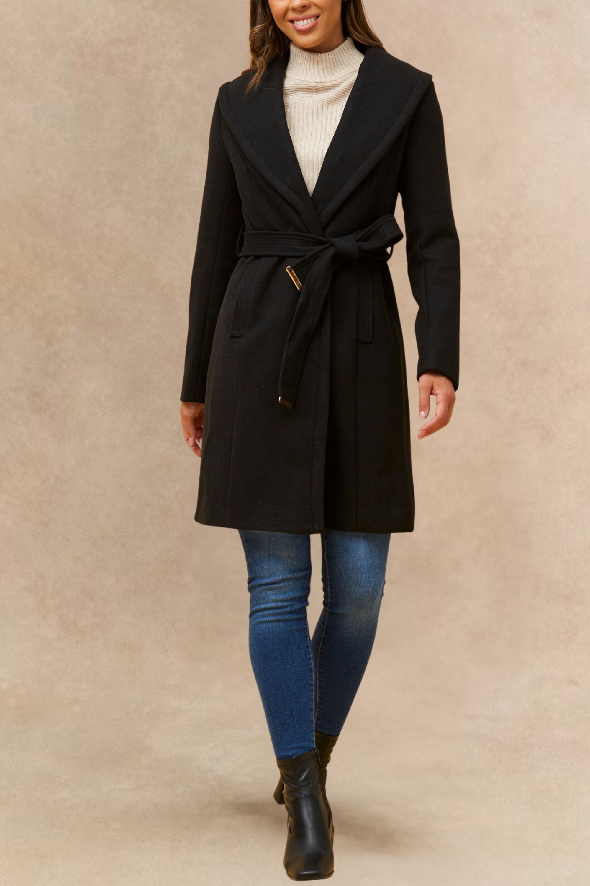 Hazel Black Wrap Coat Shawl Collar Belted With Pockets - Onze Montreal