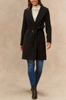 Hazel Black Wrap Coat Shawl Collar Belted With Pockets