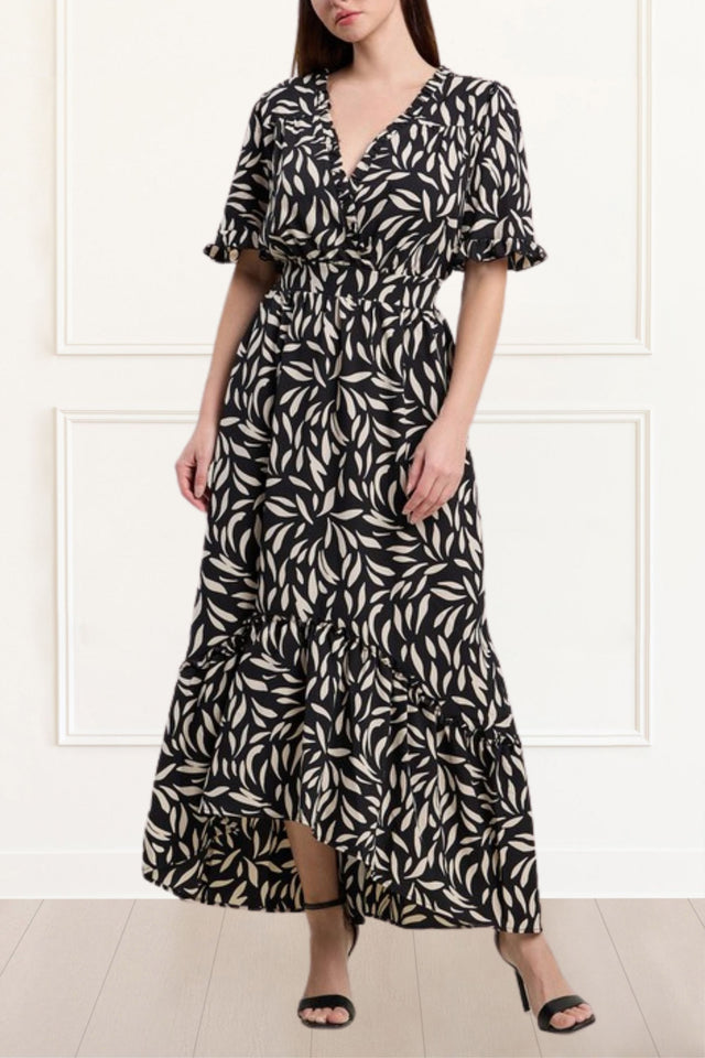 Haley Maxi Dress Leaves Print Ruffle Hem Short Sleeves