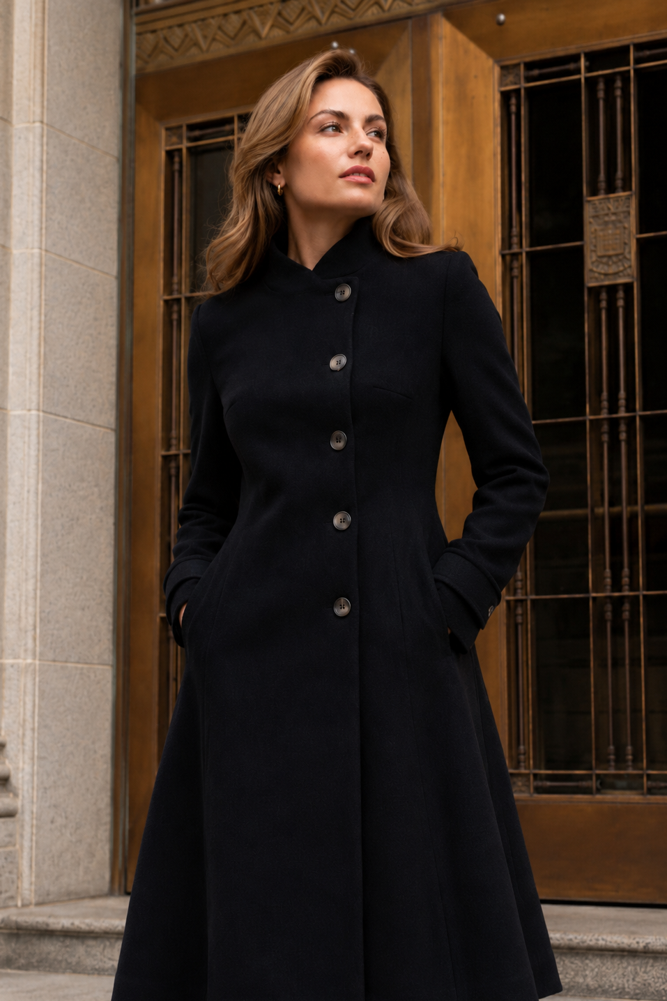 Harper Retro Flared Coat Side Buttons Elegant