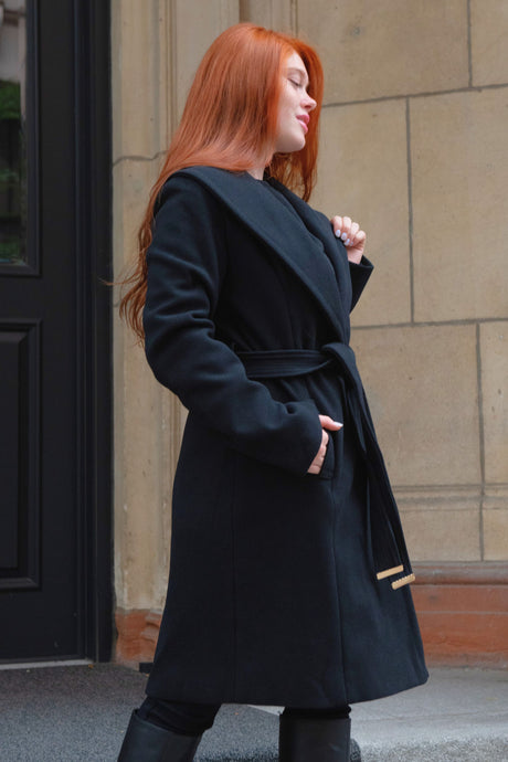 Hazel Coat Round Collar Belted Pockets - Onze Montreal Black / XS Annick