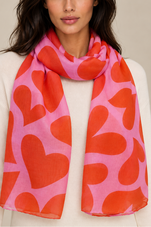 Bold Heart Print Scarf – Pink & Red