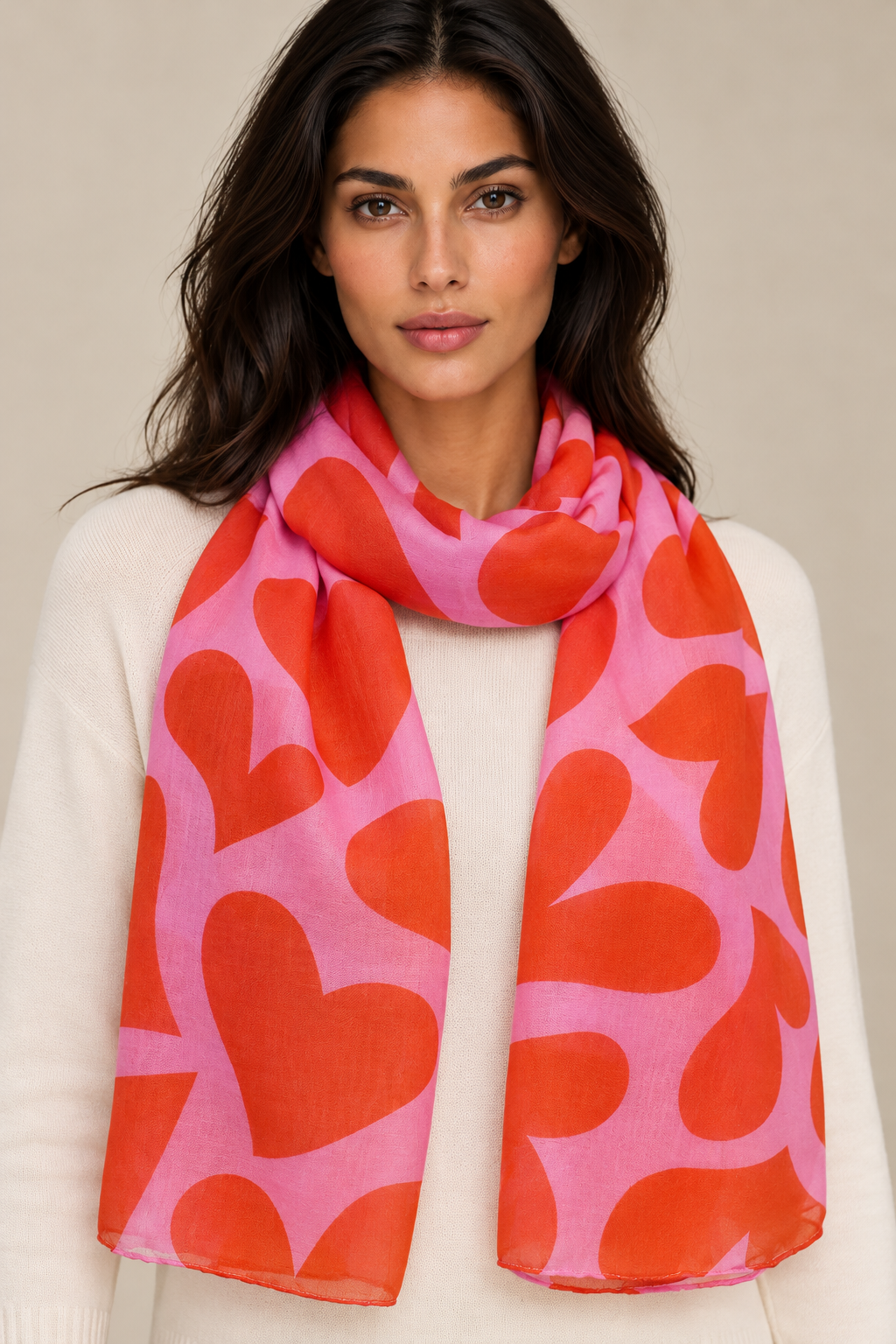 Bold Heart Print Scarf – Pink & Red