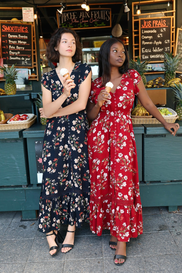 Garance Robe Midi Florale Boutonnée Manches Courtes
 