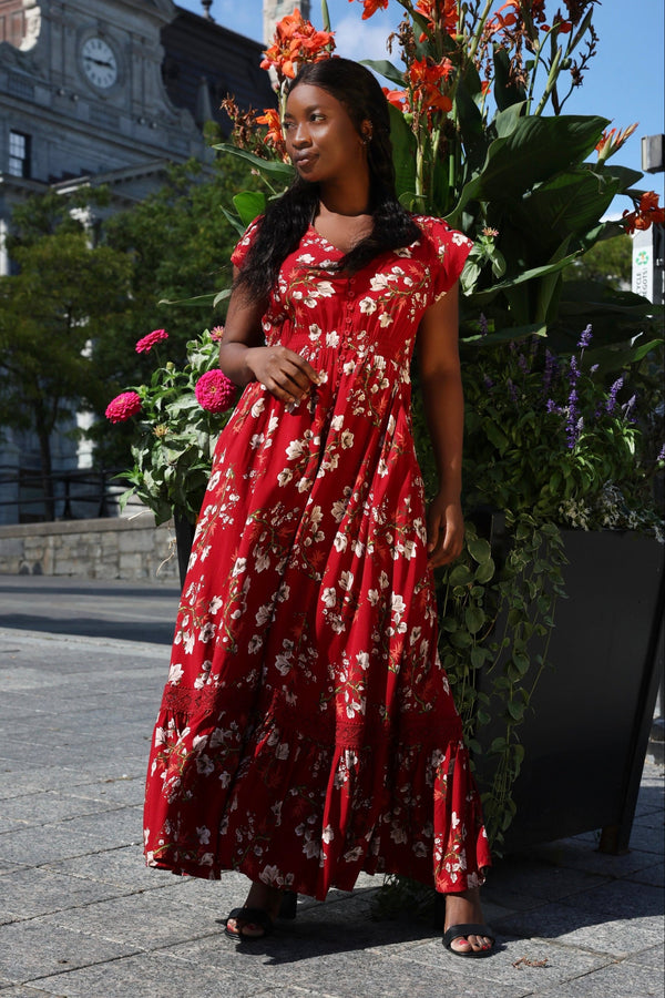 Garance Robe Midi Florale Boutonnée Manches Courtes
 