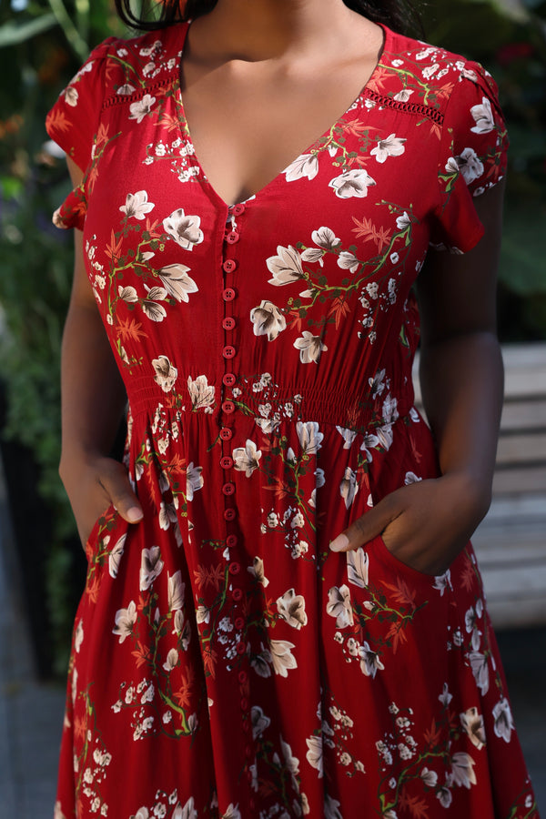 Garance Robe Midi Florale Boutonnée Manches Courtes
 