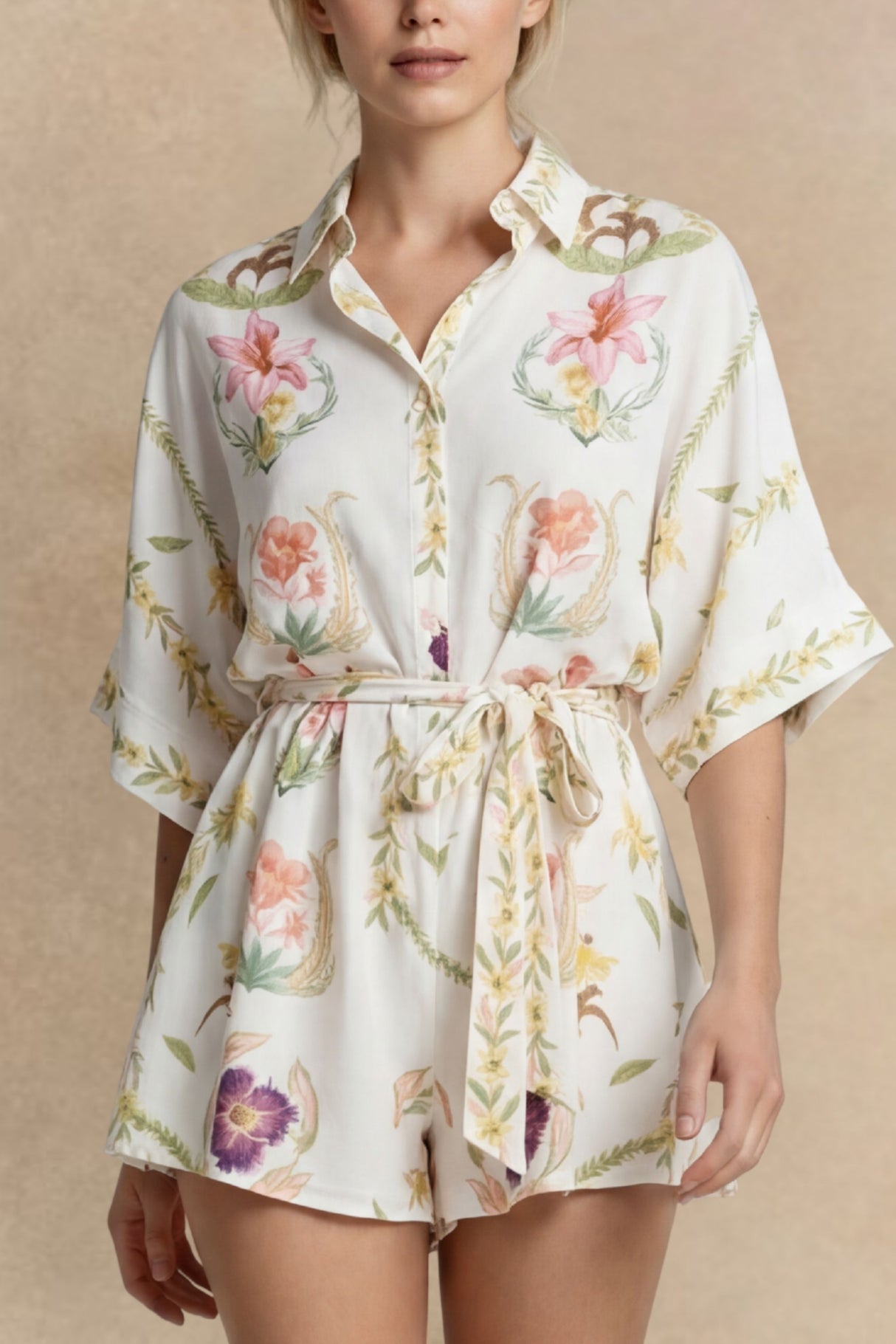 Ilsa Combishort Imprimé Taille Nouée Demi Manches