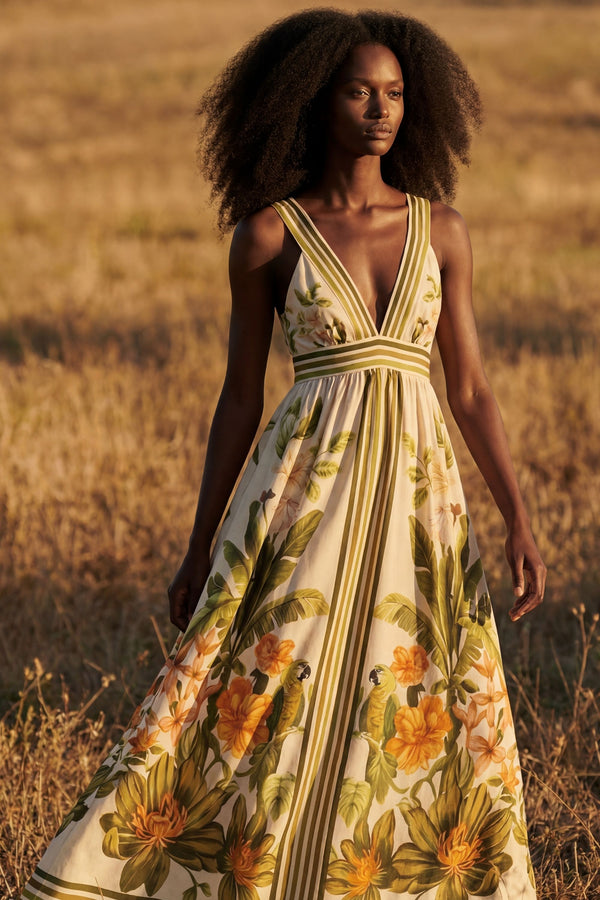 Iris Robe Longue Imprimé Tropical Col V