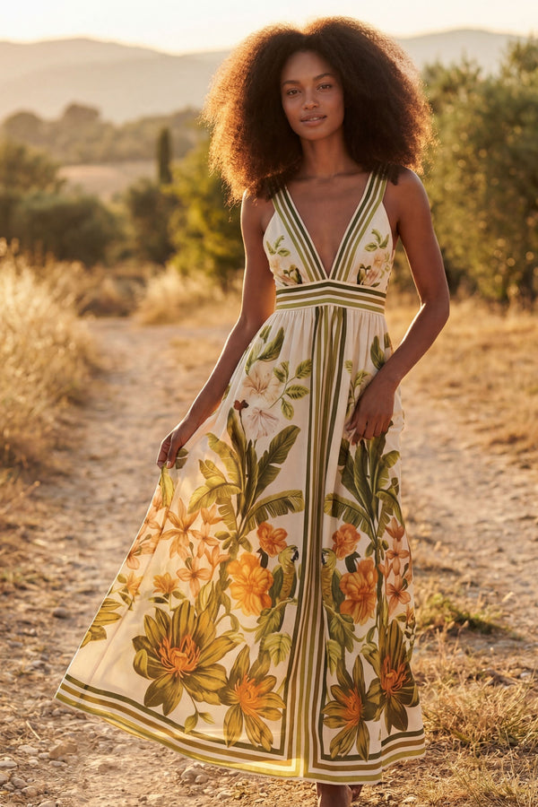 Iris Robe Longue Imprimé Tropical Col V