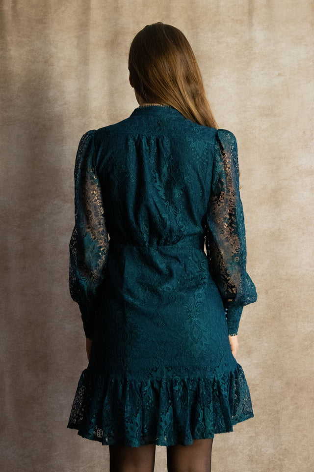 Isabella Short Lace Dress Front Button Long Sleeve Ruffle Hem - Onze Montreal Green / XS Annick