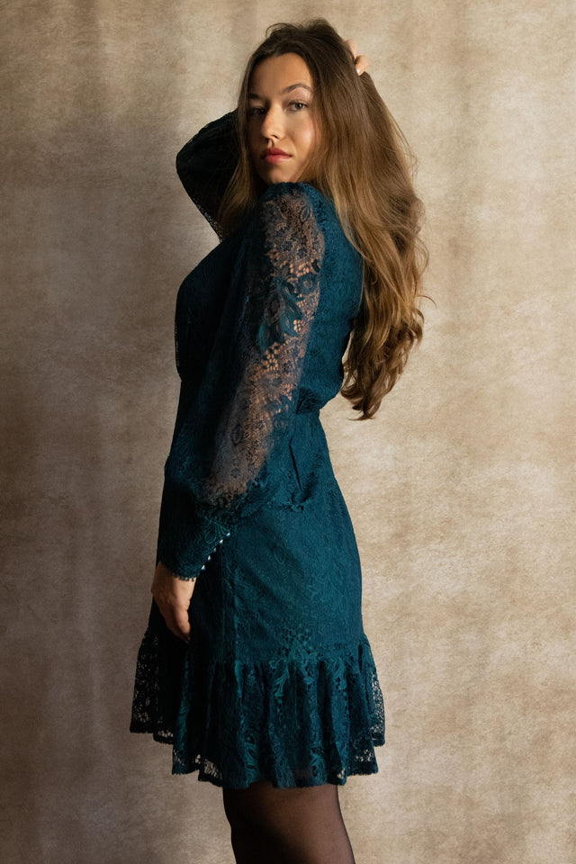 Isabella Short Lace Dress Front Button Long Sleeve Ruffle Hem - Onze Montreal Green / XS Annick