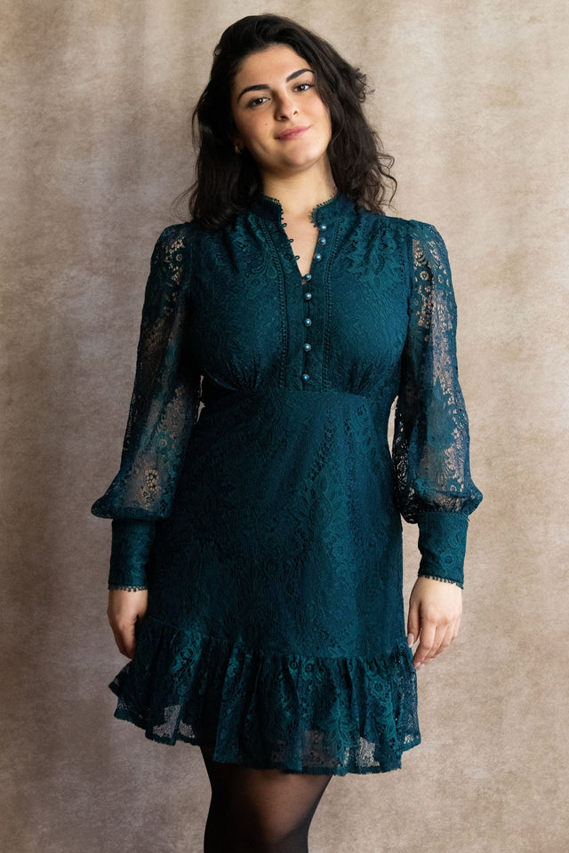 Isabella Short Lace Dress Front Button Long Sleeve Ruffle Hem - Onze Montreal Green / XS Annick