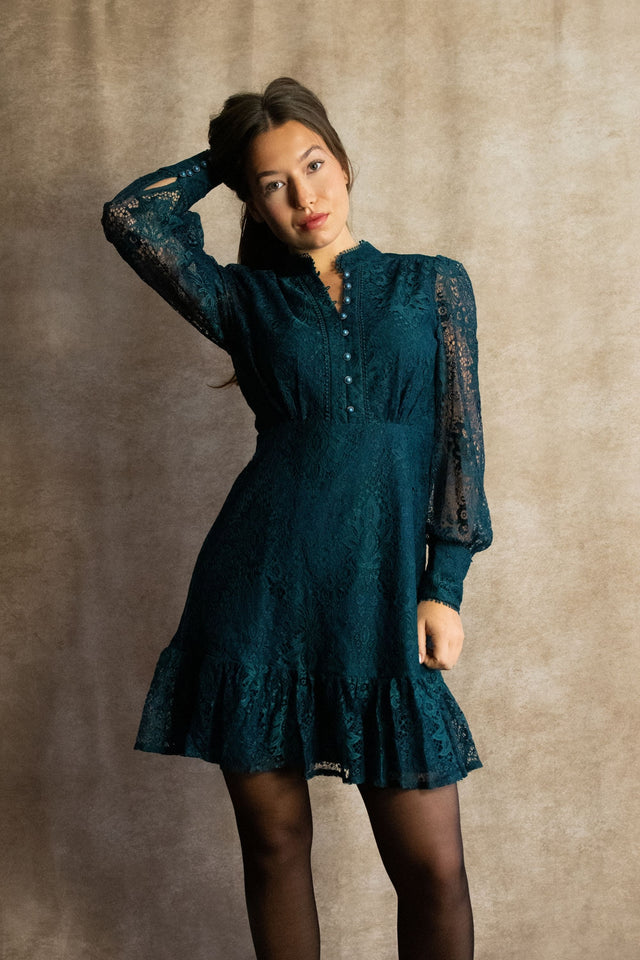 Isabella Short Lace Dress Front Button Long Sleeve Ruffle Hem - Onze Montreal Green / XS Annick