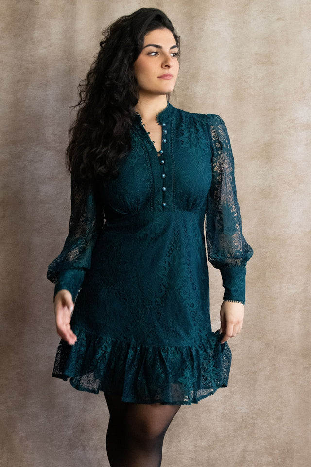 Isabella Short Lace Dress Front Button Long Sleeve Ruffle Hem - Onze Montreal Green / XS Annick