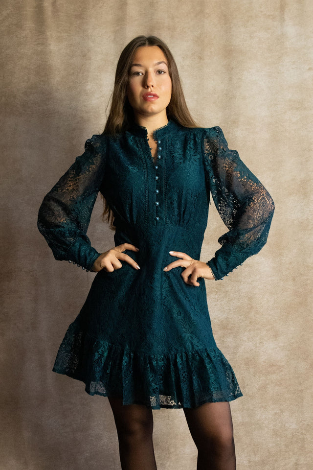 Isabella Short Lace Dress Front Button Long Sleeve Ruffle Hem - Onze Montreal Green / XS Annick