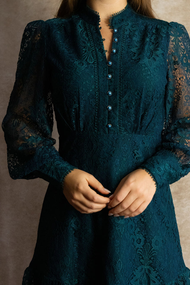 Isabella Short Lace Dress Front Button Long Sleeve Ruffle Hem - Onze Montreal Green / XS Annick