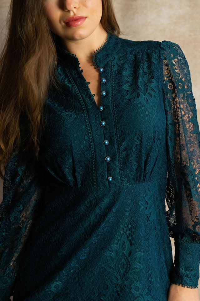 Isabella Short Lace Dress Front Button Long Sleeve Ruffle Hem - Onze Montreal Green / XS Annick