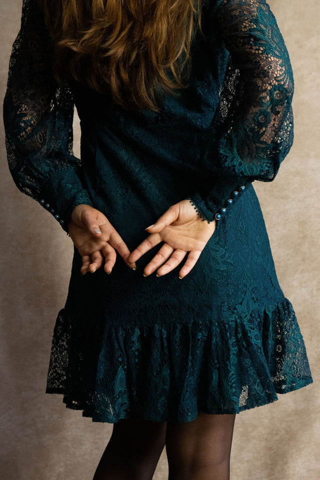 Isabella Short Lace Dress Front Button Long Sleeve Ruffle Hem - Onze Montreal Green / XS Annick