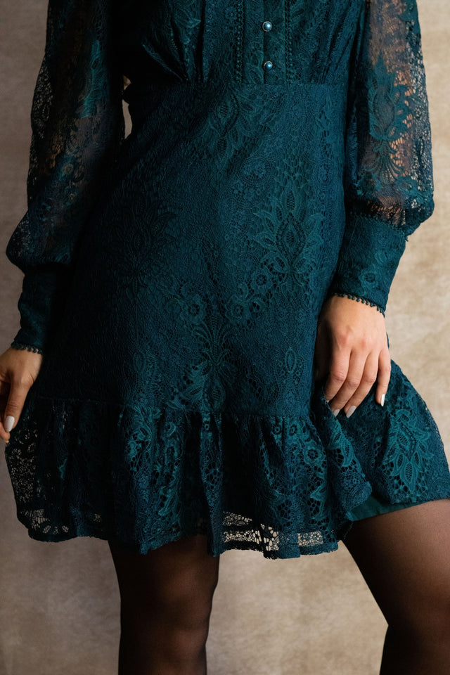 Isabella Short Lace Dress Front Button Long Sleeve Ruffle Hem - Onze Montreal Green / XS Annick