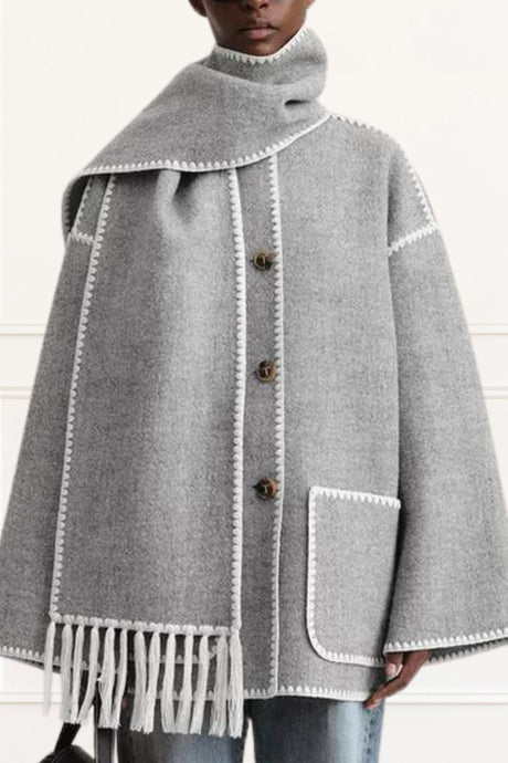 Joana Jacket Thick Wool Loose with Integrated Fringed Scarf