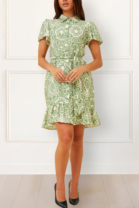 Jade Green Printed Shirt Dress – Short Ruffle Hem & Waist Tie - Onze Montreal Green / XS Annick