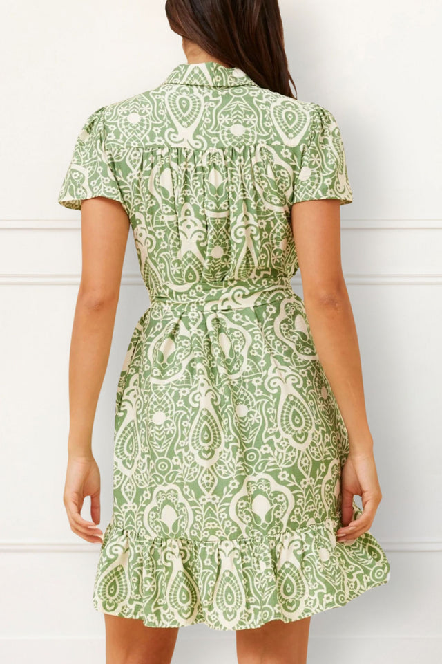 Jade Green Printed Shirt Dress – Short Ruffle Hem & Waist Tie - Onze Montreal Green / XS Annick