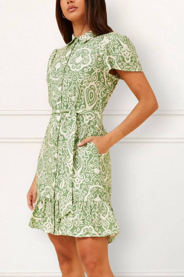 Jade Green Printed Shirt Dress – Short Ruffle Hem & Waist Tie - Onze Montreal Green / XS Annick