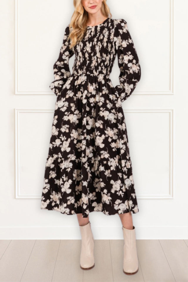 Jocelyn Women's Boho Floral Maxi Dress – Long Sleeve, Smocked Waist, Flowy & Elegant - Onze Montreal Black / S Onze Montreal