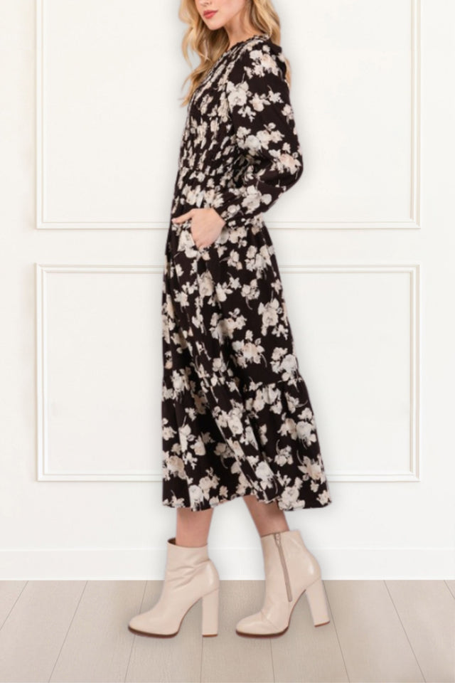 Jocelyn Robe Longue Nid D'Abeille Imprimé Fleure Noir Poches