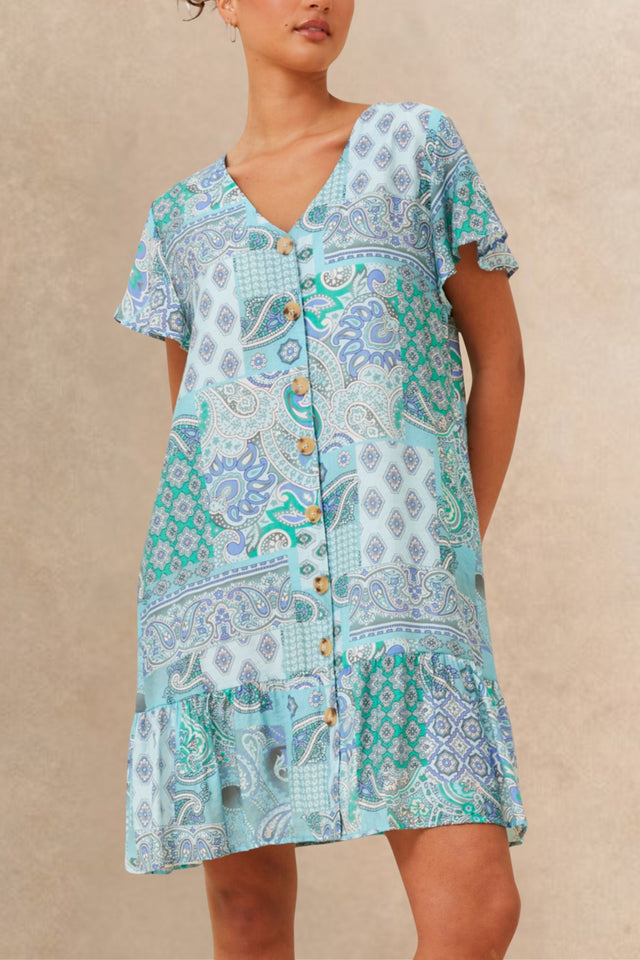 Sabine Robe Courte Bohème à Motif Cachemire - Col V, Boutonnée, Manches Courtes