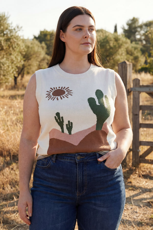 Jolene Cactus Western Oasis Loose Sweater