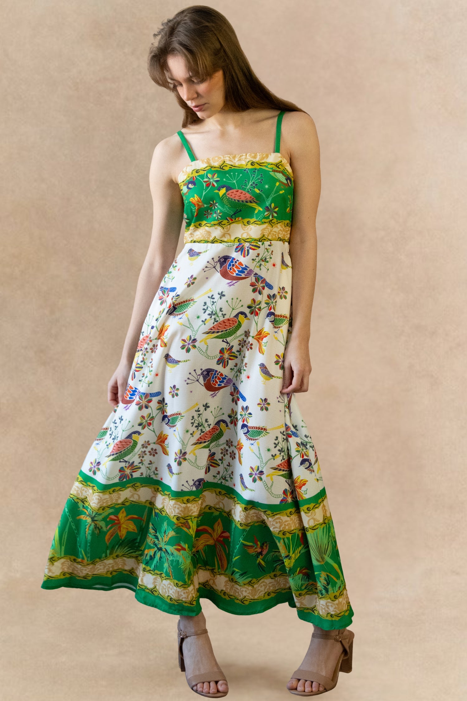 Julie Bird Print Green Strap Midi Dress - Onze Montreal Julie Bird Print Green Strap Midi Dress - Onze Montreal