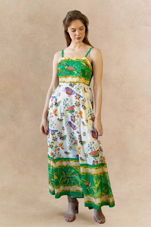 Julie Bird Print Green Strap Midi Dress