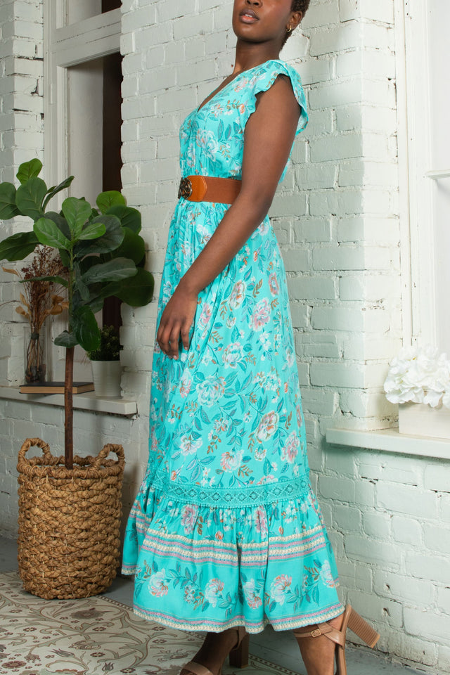 PRÉVENTE | Robe maxi Lizette imprimé floral turquoise boutonnée