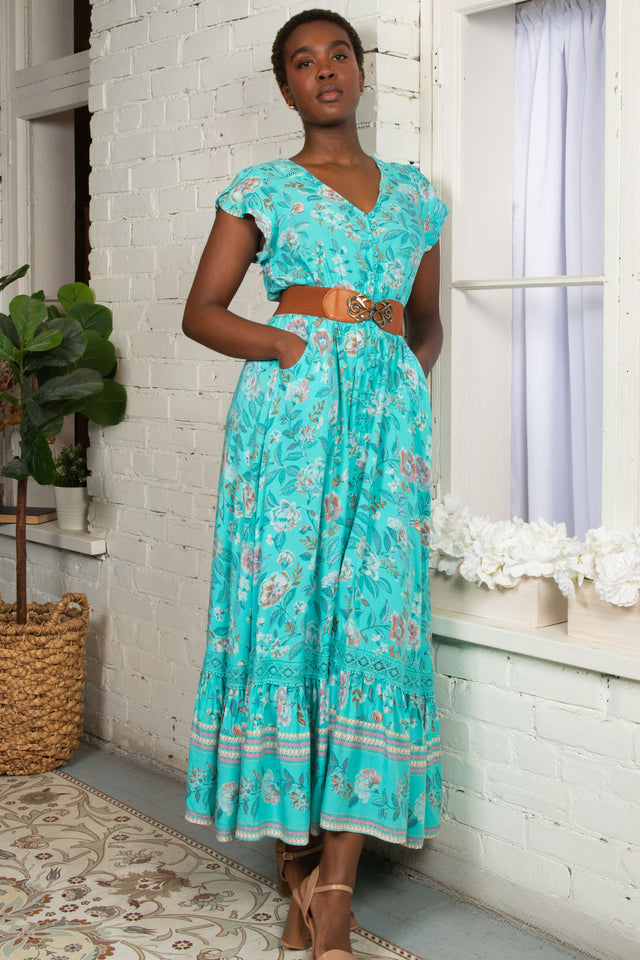 PRÉVENTE | Robe maxi Lizette imprimé floral turquoise boutonnée