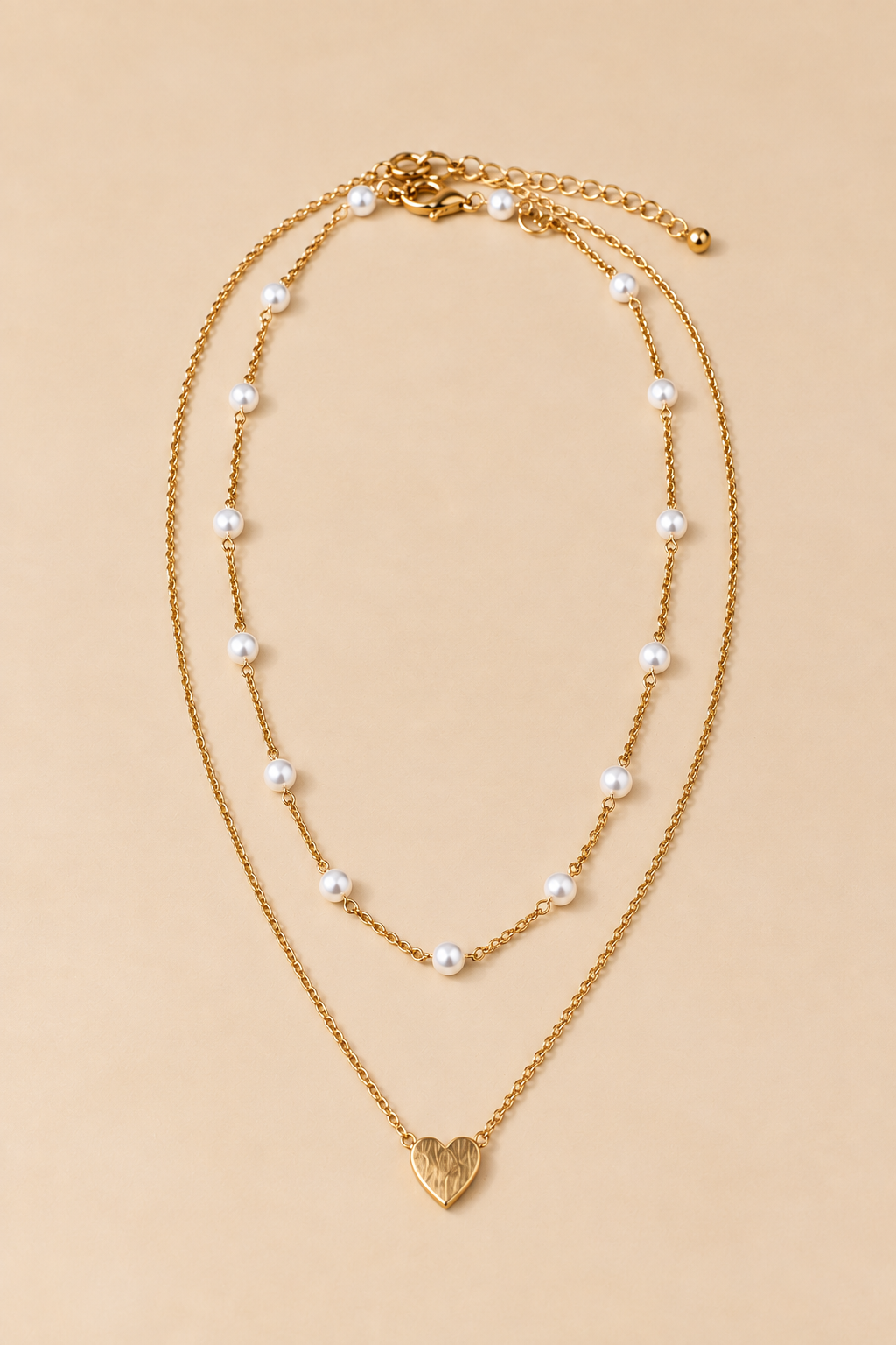 Gold-Tone Double-Layer Pearl Heart Necklace