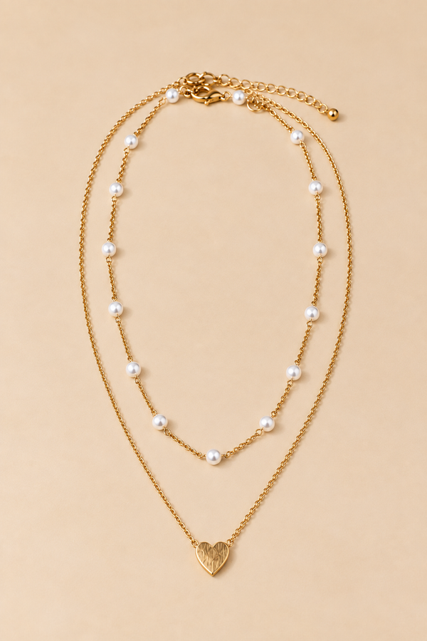 Gold-Tone Double-Layer Pearl Heart Necklace