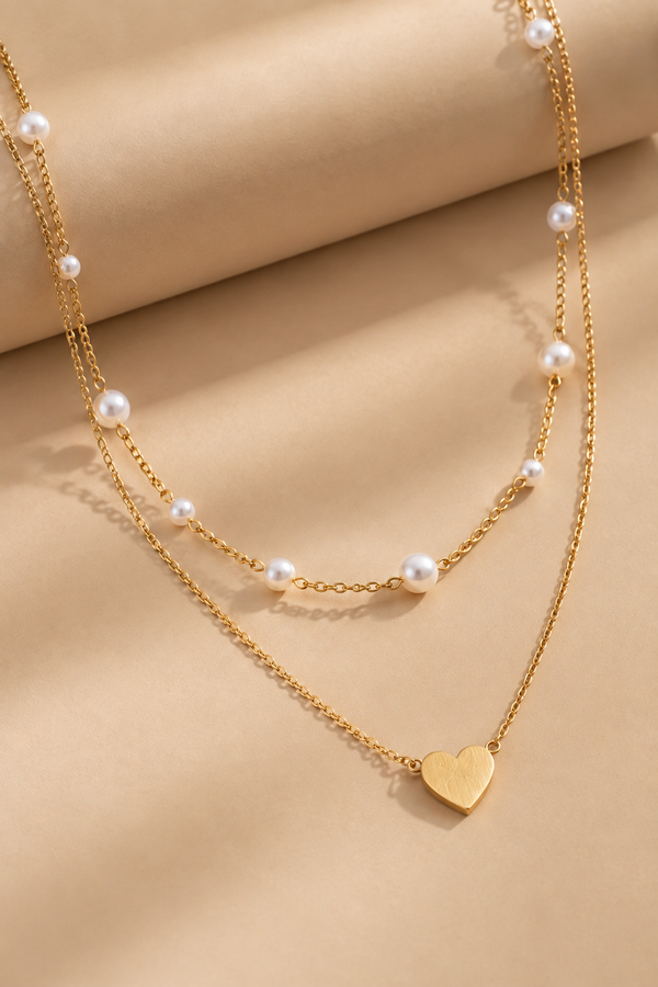Gold-Tone Double-Layer Pearl Heart Necklace
