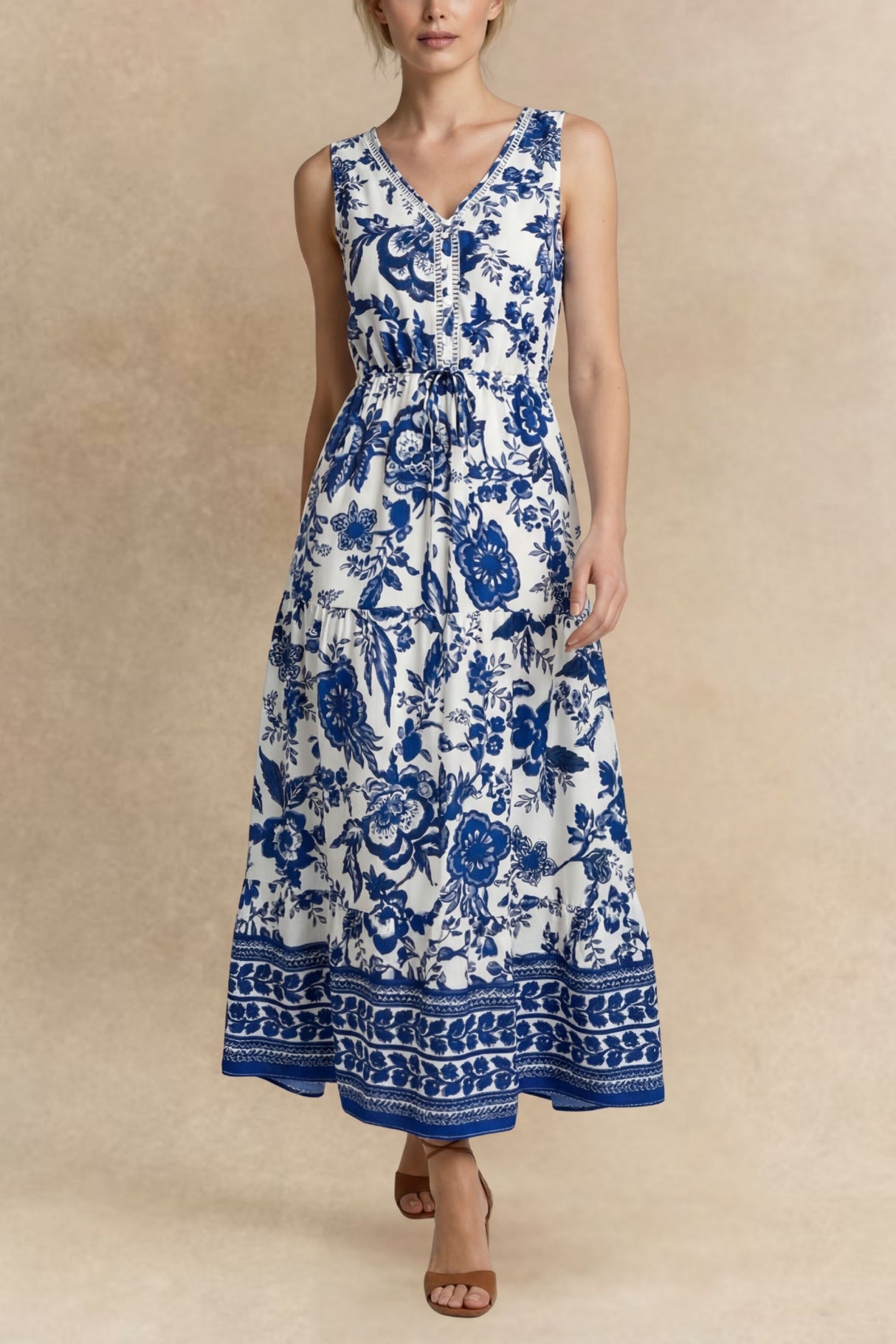 Layla Robe Midi Sans Manches Col V Imprimé Floral