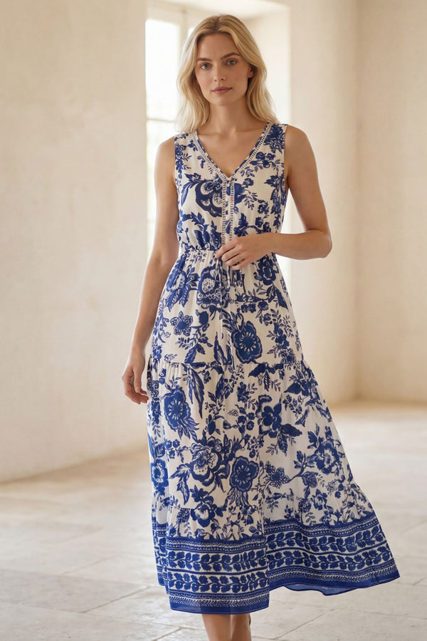 Layla Robe Midi Sans Manches Col V Imprimé Floral