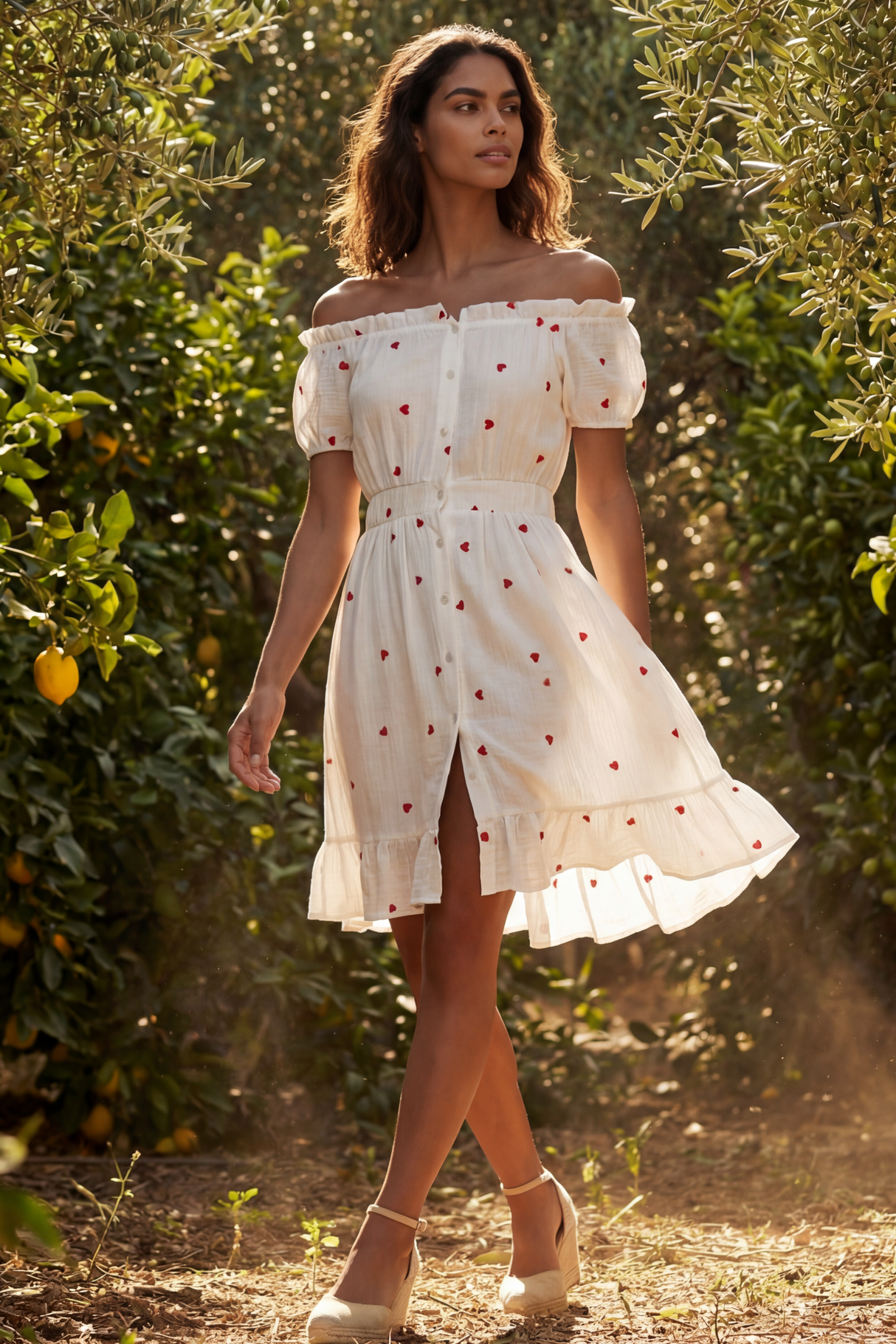 off shoulder heart dress Lia Heart Printed Off-Shoulder Ruffle Mini Dress – Onze Montreal