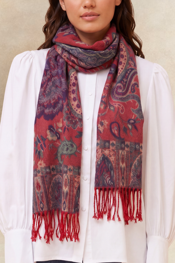 Scarf Paisley Floral Motif Red Fringed