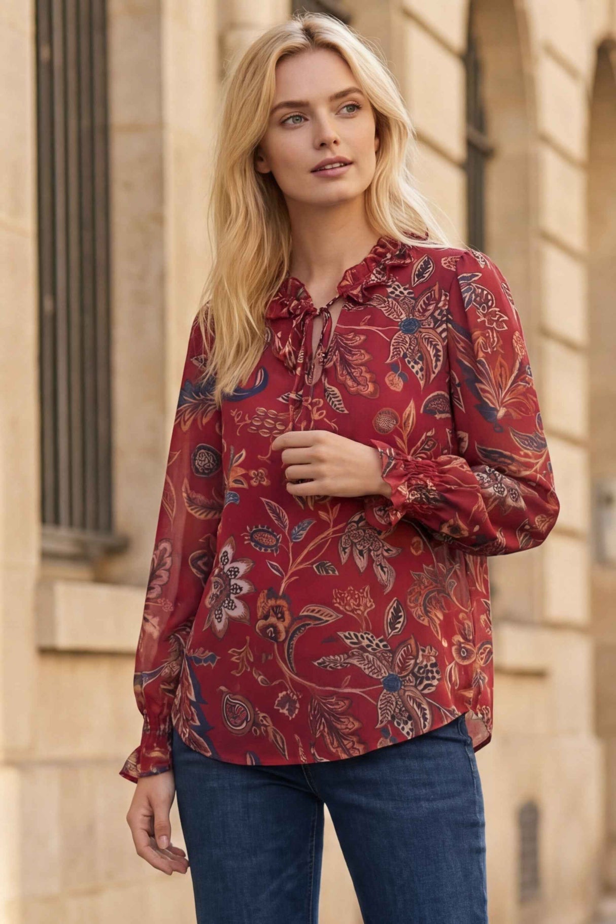 Liliane Red Floral Long-Sleeve Blouse