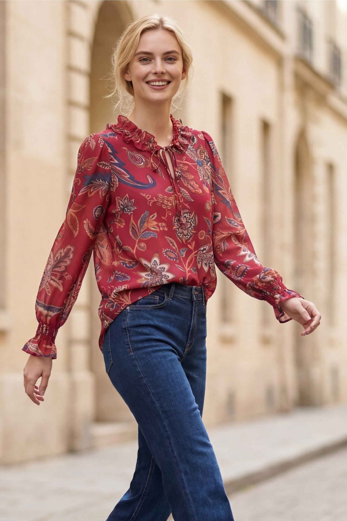 Liliane Red Floral Long-Sleeve Blouse