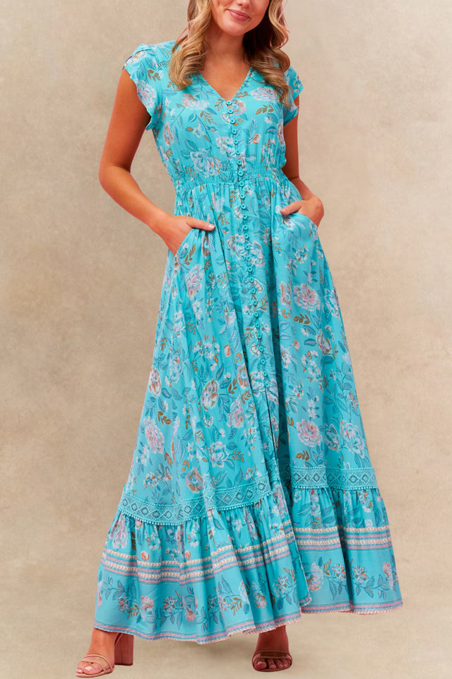 PRÉVENTE | Robe maxi Lizette imprimé floral turquoise boutonnée