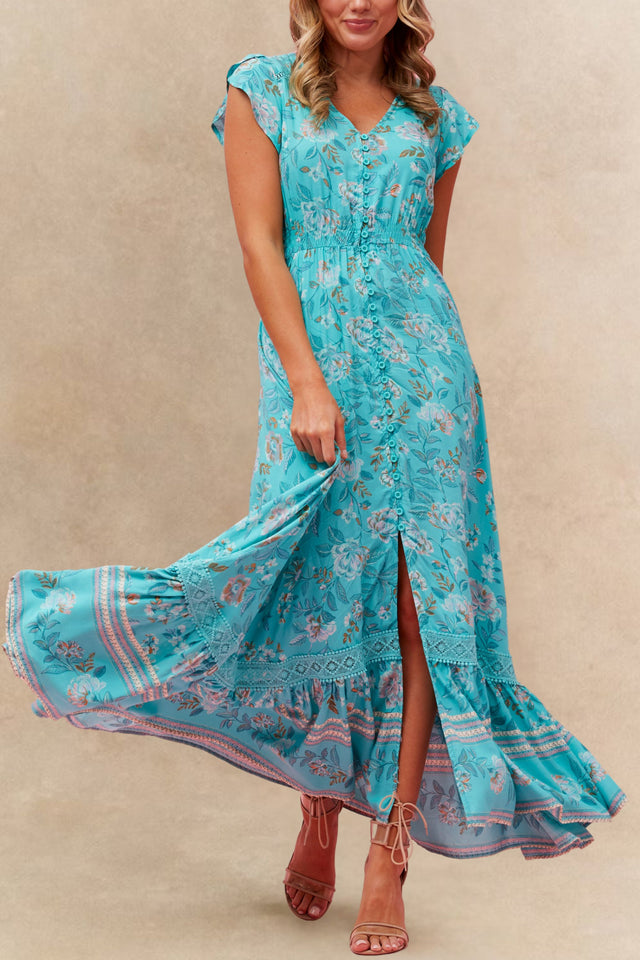 PRÉVENTE | Robe maxi Lizette imprimé floral turquoise boutonnée