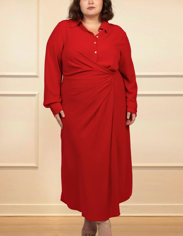 Lola Midi Shirt Dress Wrap Skirt Side Slit Red - Onze Montreal