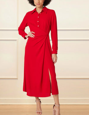 Lola Midi Shirt Dress Wrap Skirt Side Slit Red - Onze Montreal