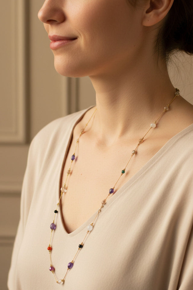 Long Multicolor Stone Chain Necklace