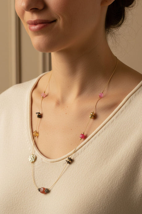 Long Beaded Necklace Natural Stones